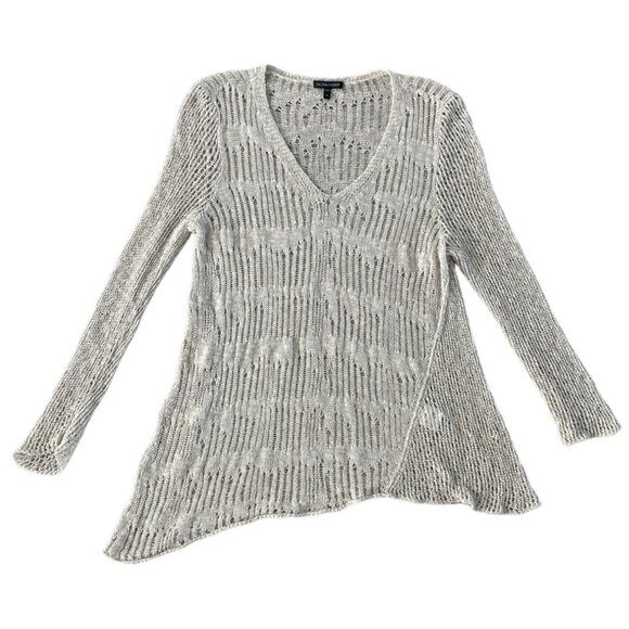 Eileen Fisher Melange Crochet Tunic V-Neck Sweater Linen XL Pebble Asymmetric - Picture 2 of 11